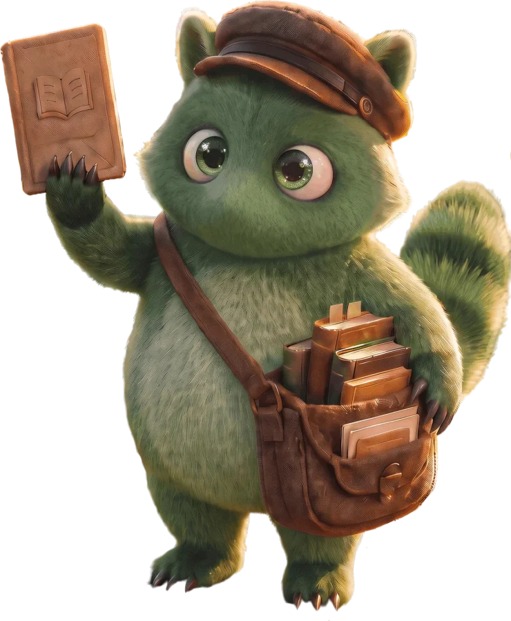 Contextus, um bicho verde de boné erguendo um livro, com a bolsa cheia deles.