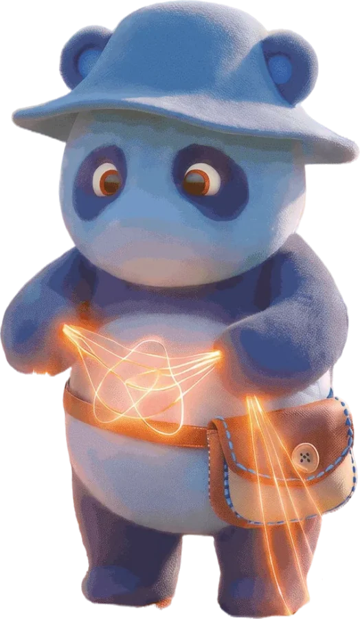 Node, um panda azul de chapéu, com fios de luz alaranjada saindo da bolsa.