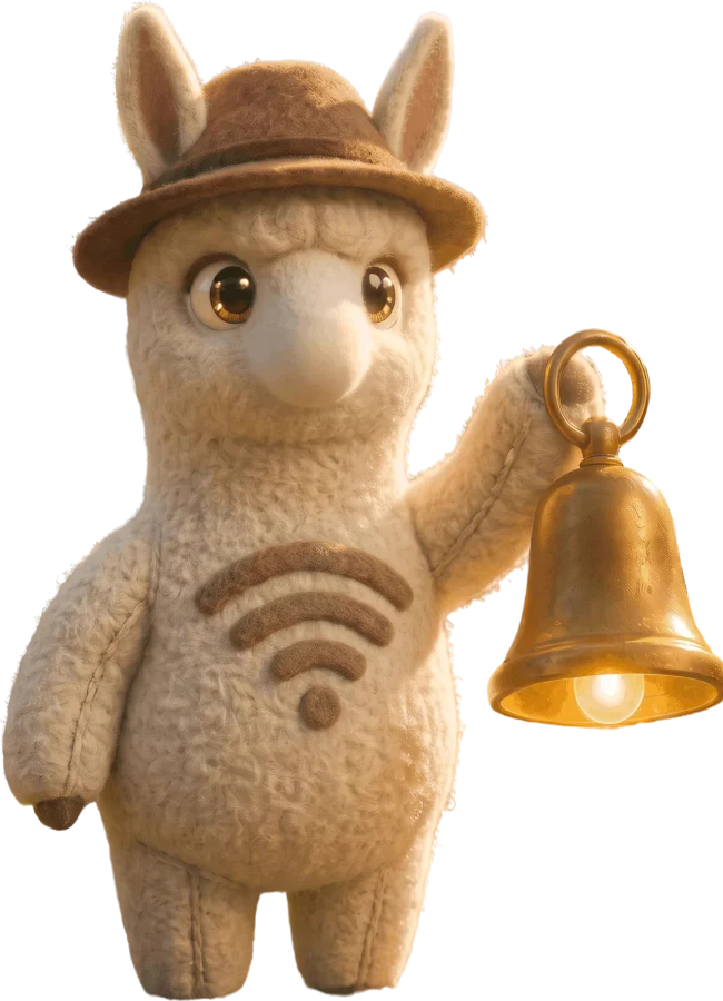 Signal, uma alpaca de chapéu com um sino aceso na mão.