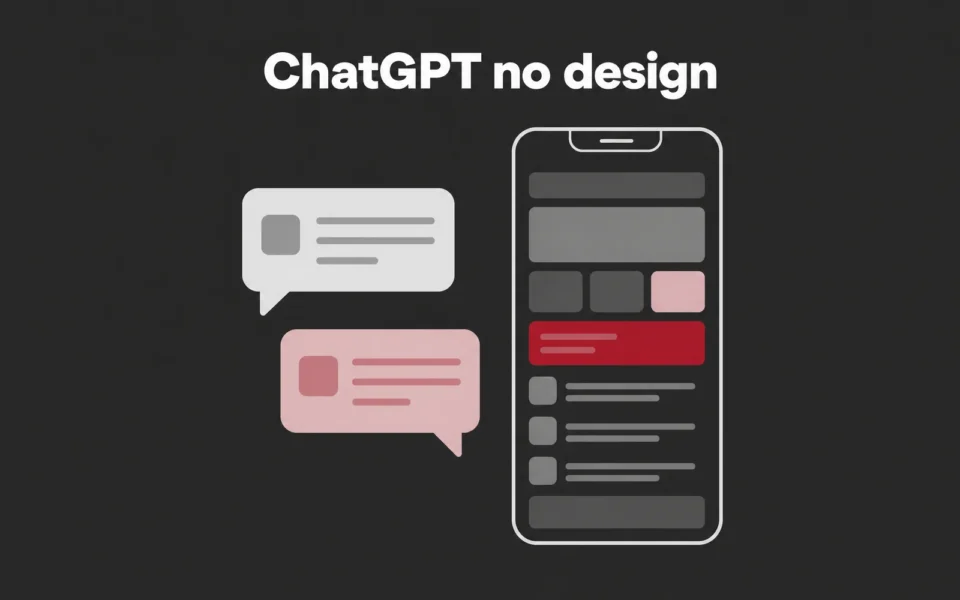 Capa ilustrada em cinza e rosa: duas bolhas de conversa ao lado de um celular em wireframe com um bloco vermelho, sob o título ChatGPT no design.