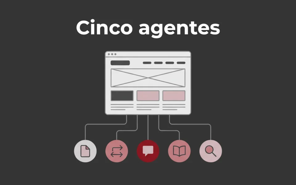 Capa ilustrada em cinza e rosa: janela de site ligada a cinco selos com ícones de página, fluxo, conversa, livro e busca, o de conversa em vermelho, sob o título Cinco agentes.
