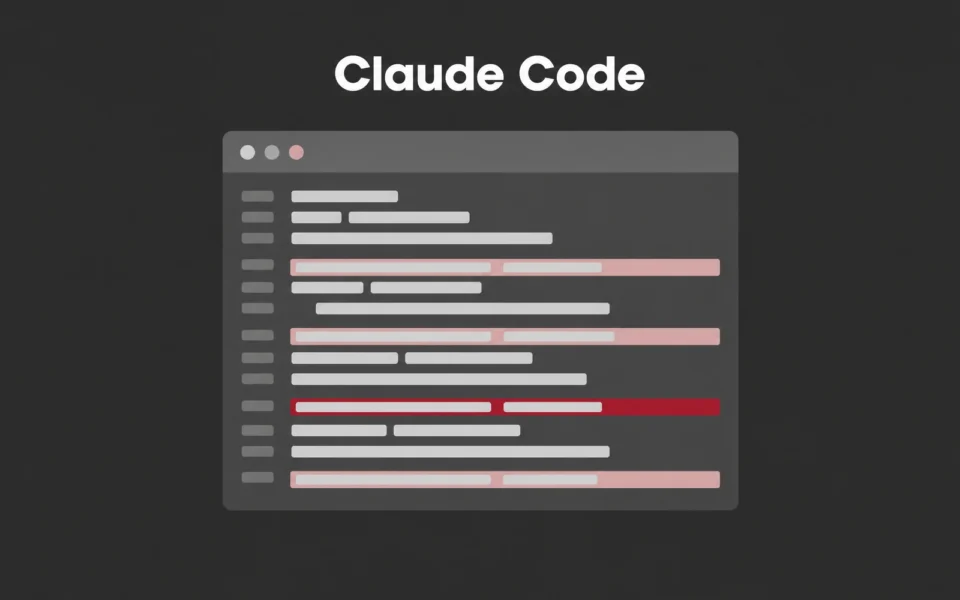 Capa ilustrada em cinza e rosa: uma janela de terminal com linhas de código destacadas em rosa e uma em vermelho, sob o título Claude Code.
