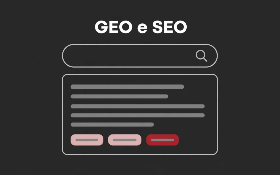 Capa ilustrada em cinza e rosa: uma barra de busca e um cartão de resposta com selos de citação rosa e vermelho, sob o título GEO e SEO.