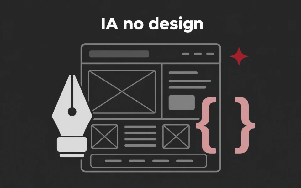 Capa ilustrada em cinza e rosa: uma caneta vetorial e chaves de código sobre um layout em wireframe, com um brilho vermelho, sob o título IA no design.