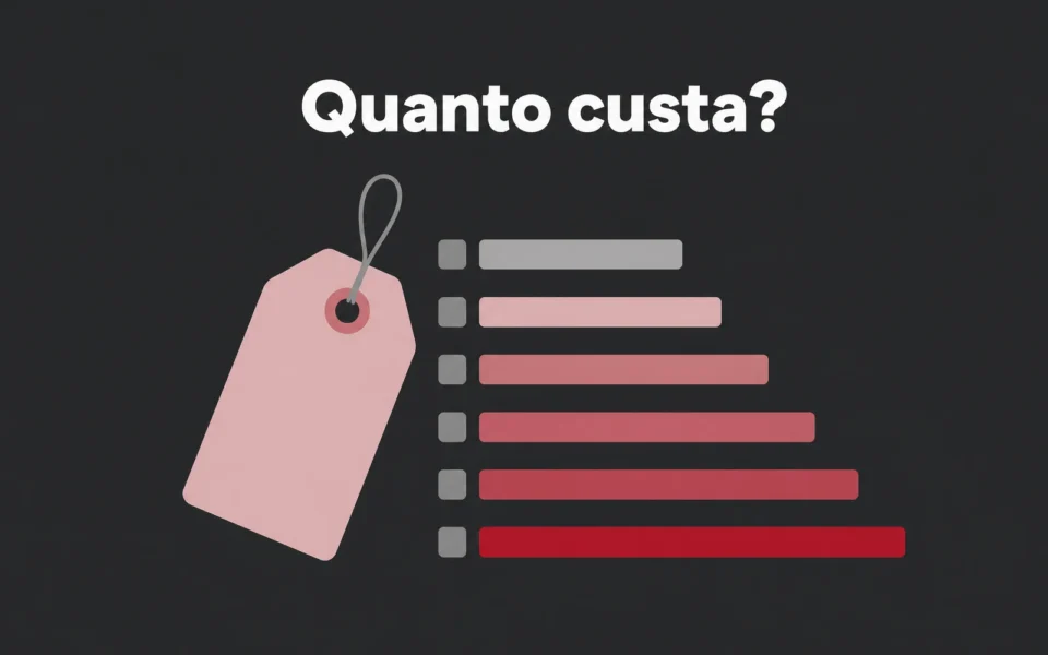 Capa ilustrada em cinza e rosa: uma etiqueta de preço rosa ao lado de seis barras de tamanhos diferentes, a maior em vermelho, sob o título Quanto custa?