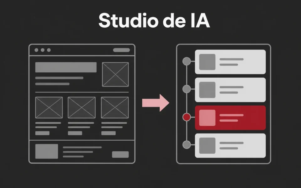 Capa ilustrada em cinza e rosa: uma janela de site em wireframe com uma seta para um quadro de processo com quatro cartões, um em vermelho, sob o título Studio de IA.