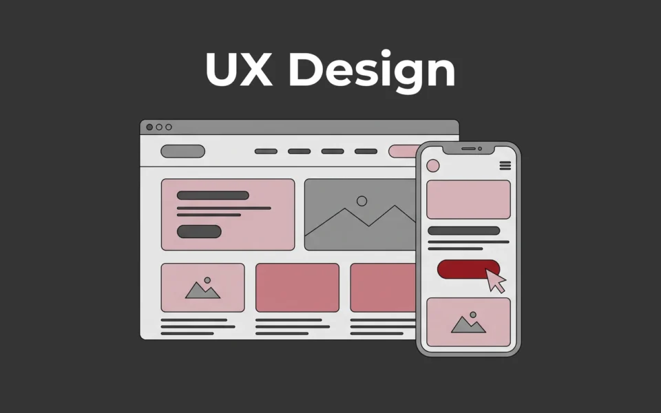 Capa ilustrada em cinza e rosa: janela de site e celular em wireframe lado a lado, com o cursor clicando num botão vermelho, sob o título UX Design.